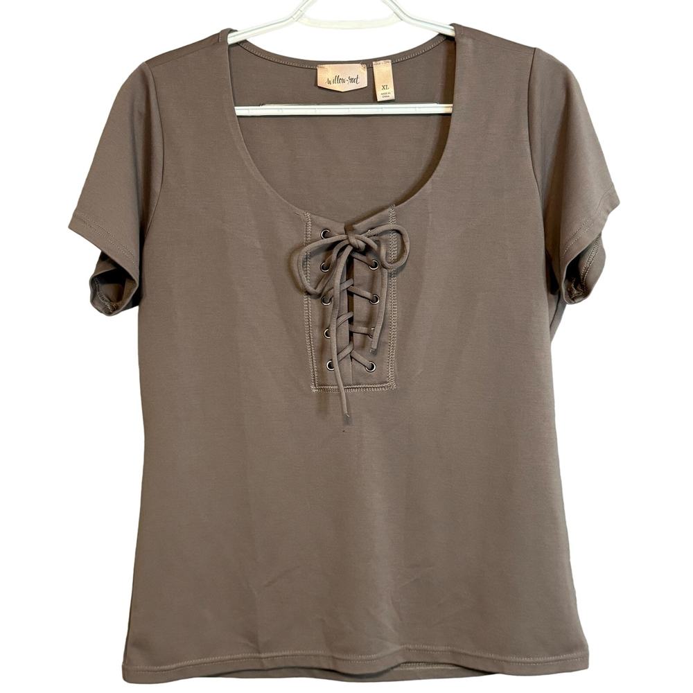 Willow & Root Women's Scoop Neck Lace Up Short Sleeve Taupe Top Size XL